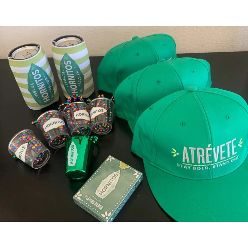 Hornitos branded (5)shot glass necklaces (2) koozie (3) hats (1)cards vacation